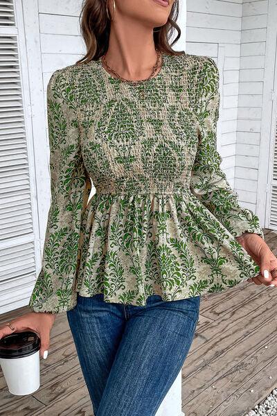 Smocked Printed Balloon Sleeve Blouse Blouses Trendsi
