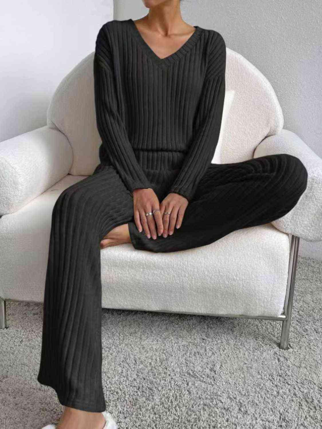Ribbed V-Neck Long Sleeve Top and Pants Set Pant Set Trendsi Black XS
