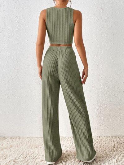 Ribbed Round Neck Tank and Pants Sweater Set Pant Set Trends