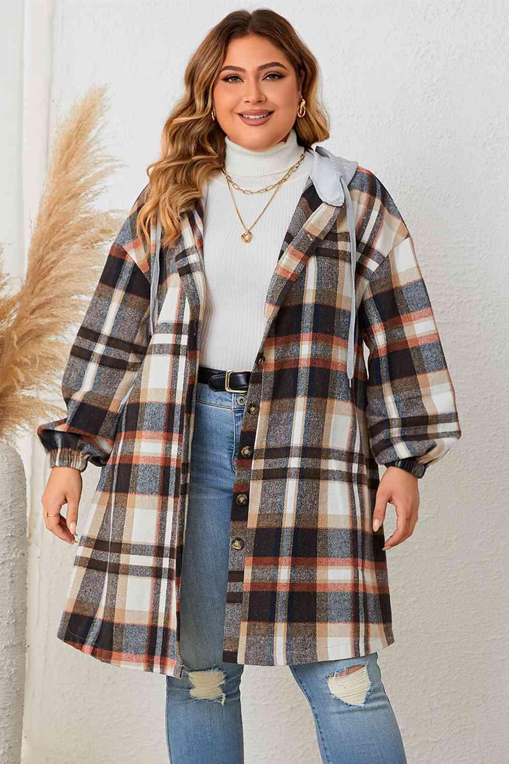 Plus Size Plaid Drop Shoulder Hooded Coat Coats Trendsi Black 1XL