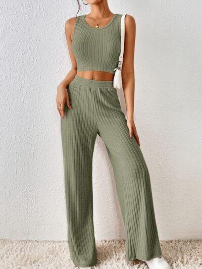 Ribbed Round Neck Tank and Pants Sweater Set Pant Set Trends Sage S
