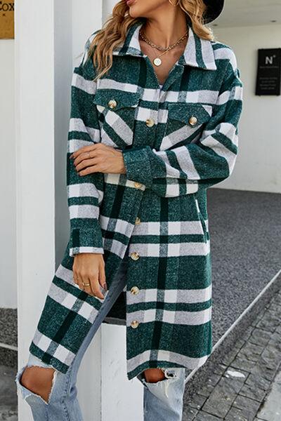 Plaid Button Up Collared Neck Jacket with Pockets Jackets Trendsi