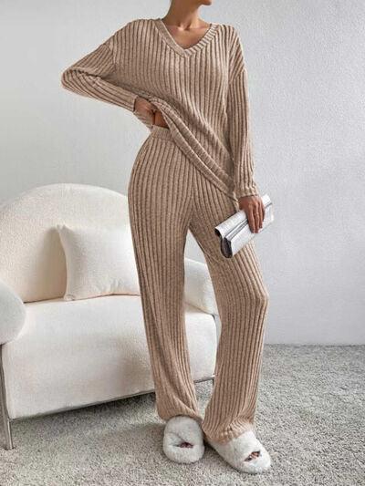 Ribbed V-Neck Long Sleeve Top and Pants Set Pant Set Trendsi