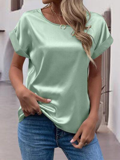 Round Neck Shiny T-Shirt Blouses Trendsi Light Green S