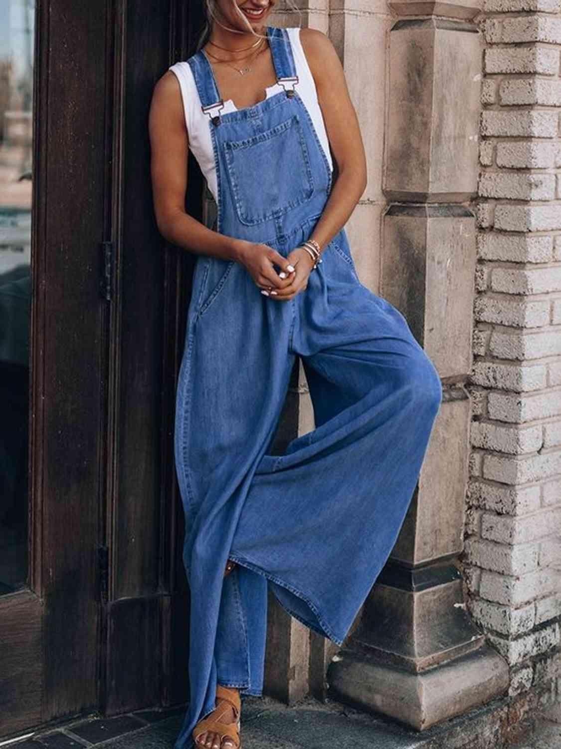 Wide Leg Denim Overalls Jumpsuits and Rompers Trendsi