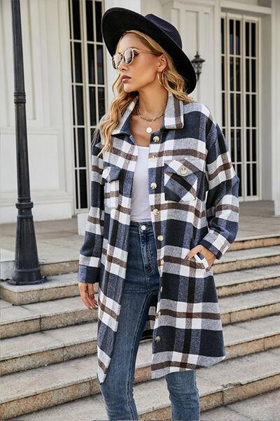 Plaid Button Up Collared Neck Jacket with Pockets Jackets Trendsi