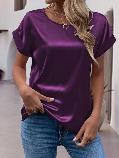Round Neck Shiny T-Shirt Blouses Trendsi Plum S