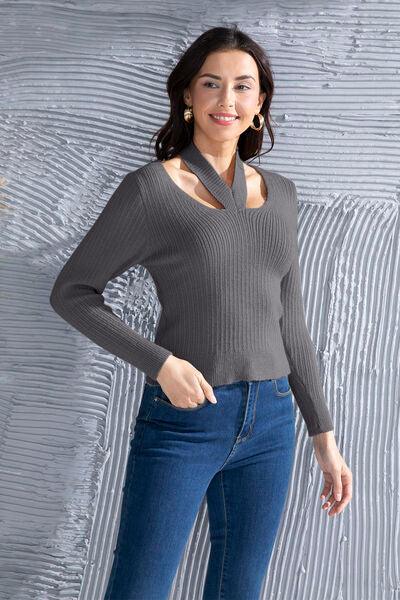 Halter Neck Long Sleeve Sweater Sweaters Trendsi