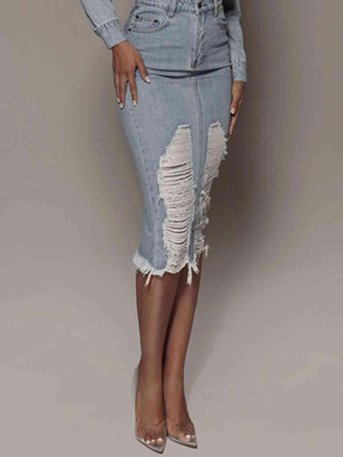 Distressed Slit Denim Skirt Skirts Trendsi