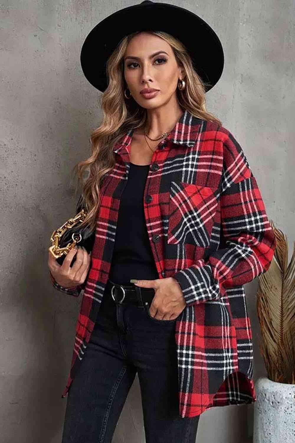 Plaid Collared Neck Button Up Jacket Jackets Trendsi Deep Red S