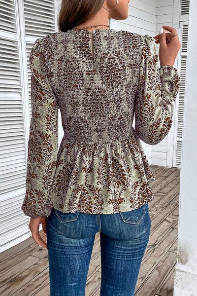 Smocked Printed Balloon Sleeve Blouse Blouses Trendsi
