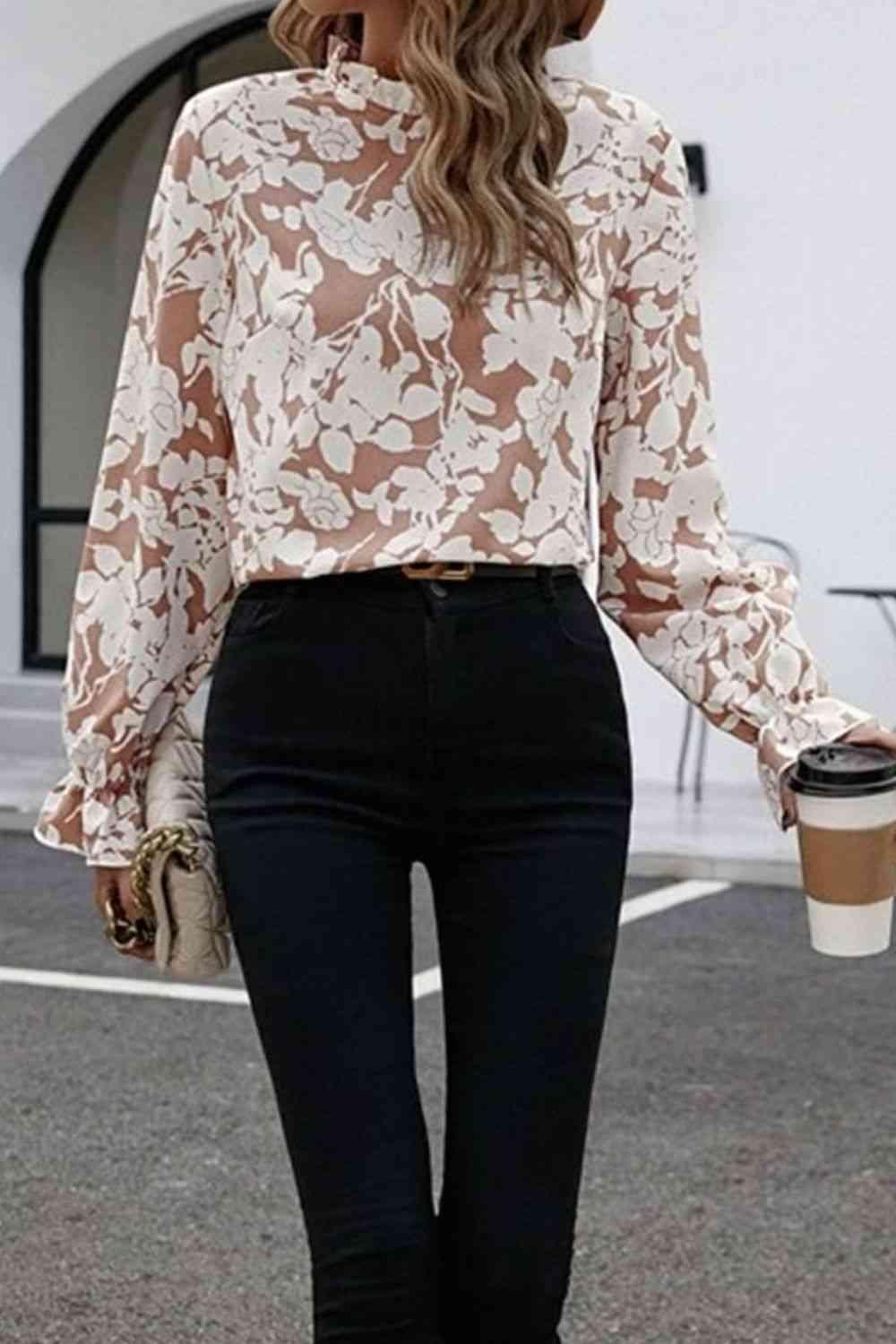 Floral Print Mock Neck Flounce Sleeve Blouse Blouses Trendsi Floral S