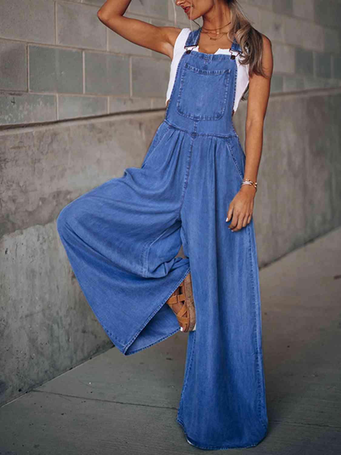Wide Leg Denim Overalls Jumpsuits and Rompers Trendsi
