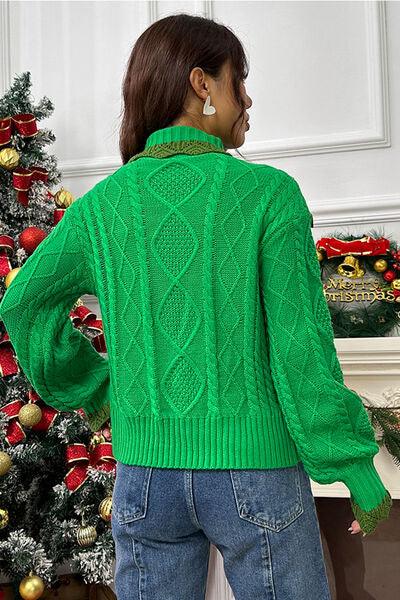 Cable-Knit Ruffled Mock Neck Lantern Sleeve Sweater Sweaters Trendsi