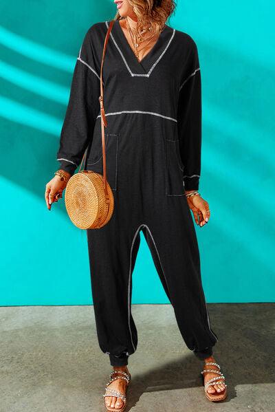 Contrast Stitching Pocketed Dropped Shoulder Jumpsuit Jumpsuits and Rompers Trendsi