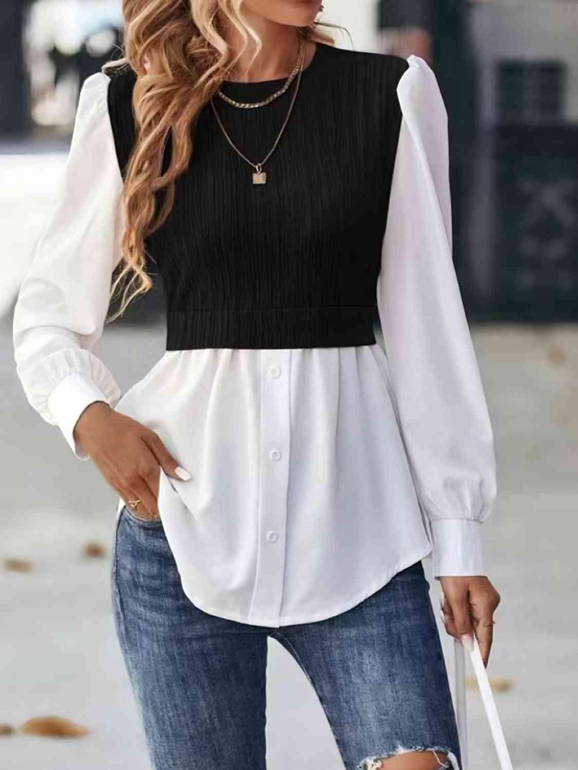 Cable Mock Vest Detail Blouse Blouses Trends Black S
