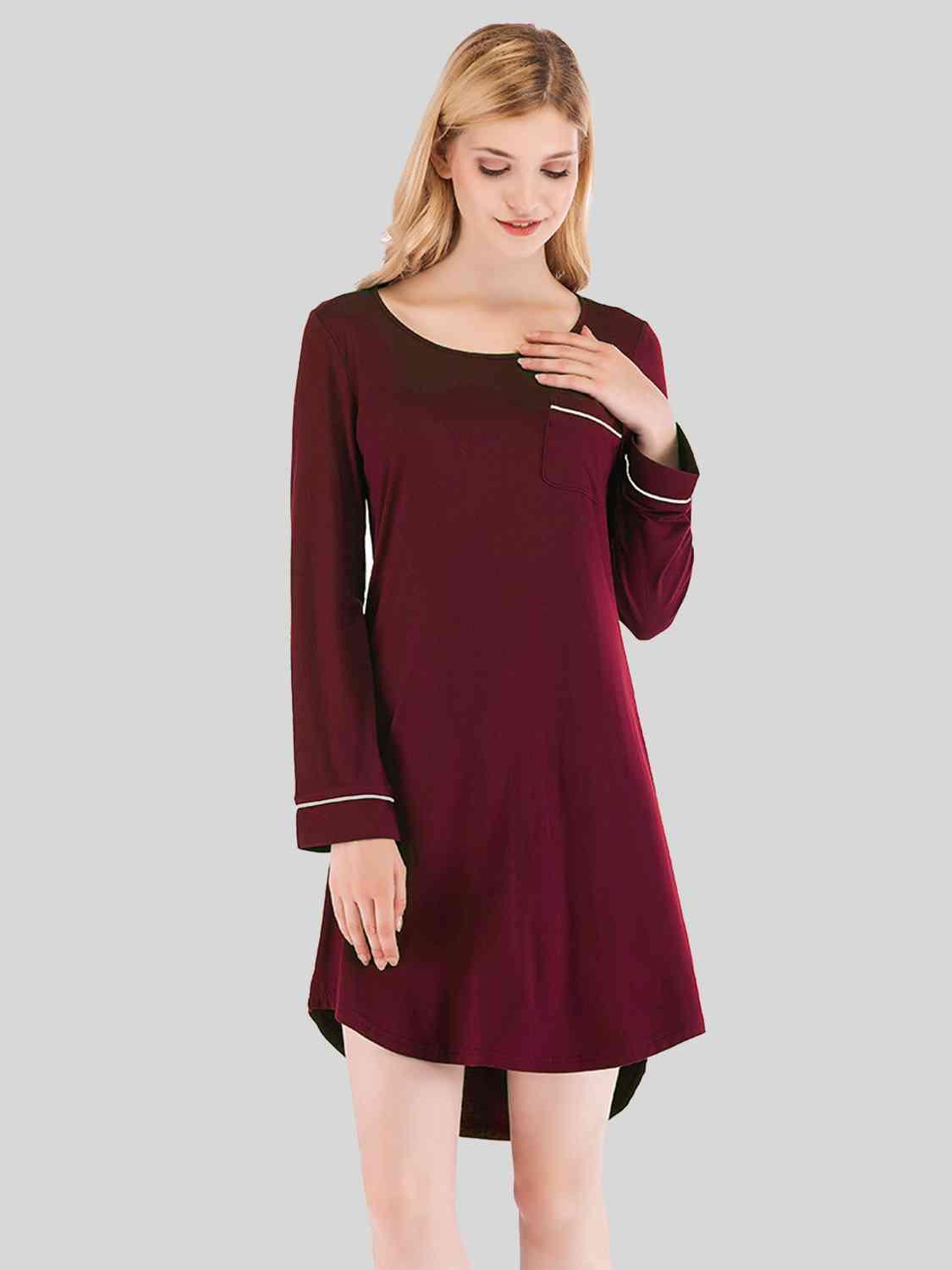 Round Neck Night Dress with Pocket Loungewear Trendsi Wine S