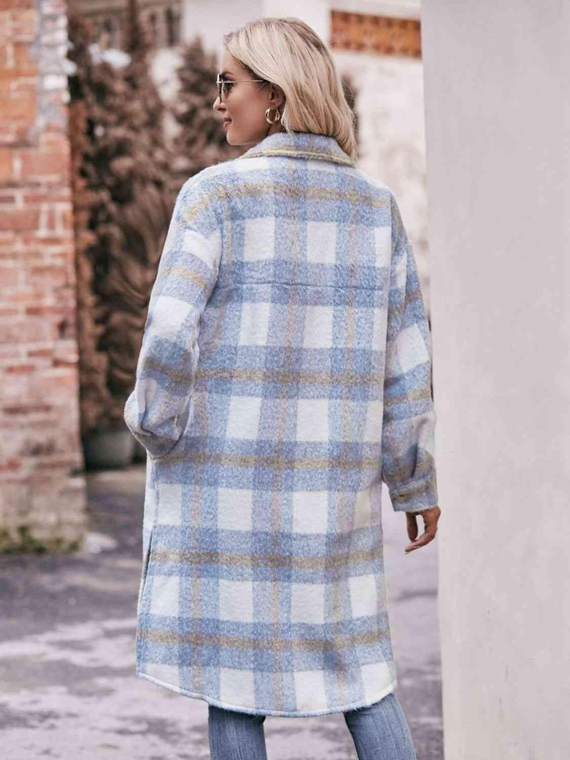 Plaid Dropped Shoulder Slit Shacket Jackets Trendsi