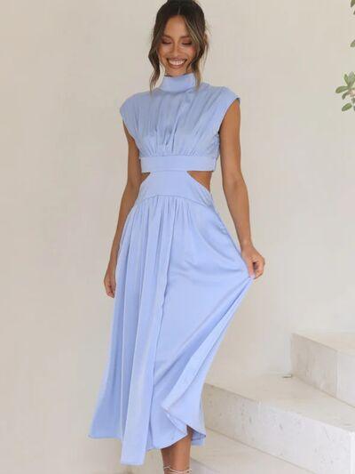 Cutout Mock Neck Sleeveless Dress Dresses Trendsi Misty Blue S