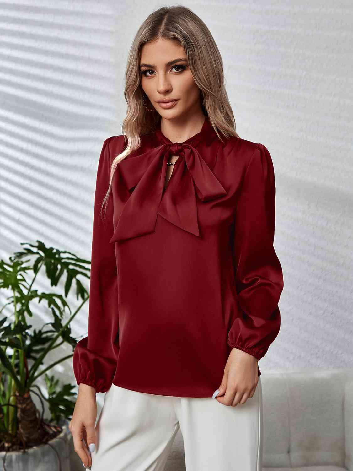 Tie Neck Long Puff Sleeve Blouse Blouses Trends