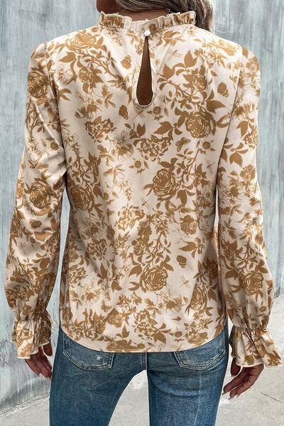 Floral Print Mock Neck Flounce Sleeve Blouse Blouses Trendsi