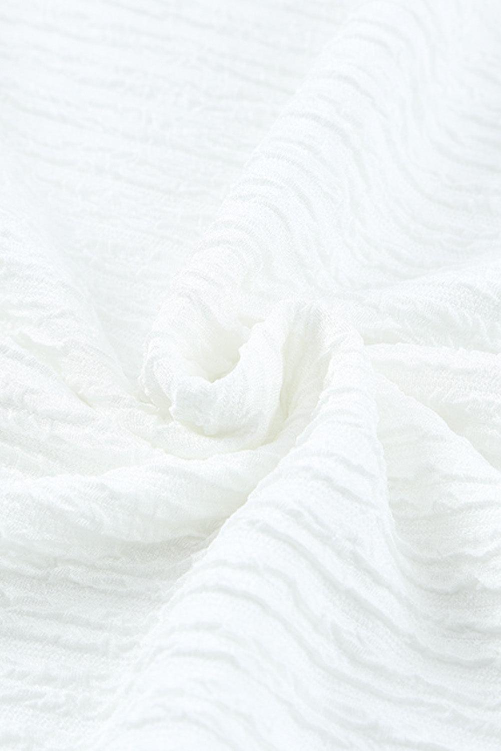 Frill Trim Balloon Sleeve Textured Blouse Blouses White