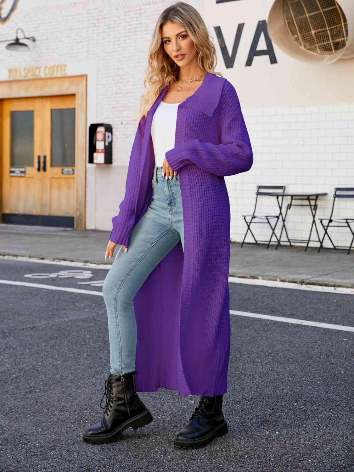 Full Size Collared Open Front Duster Cardigan Cardigans Trendsi Violet S
