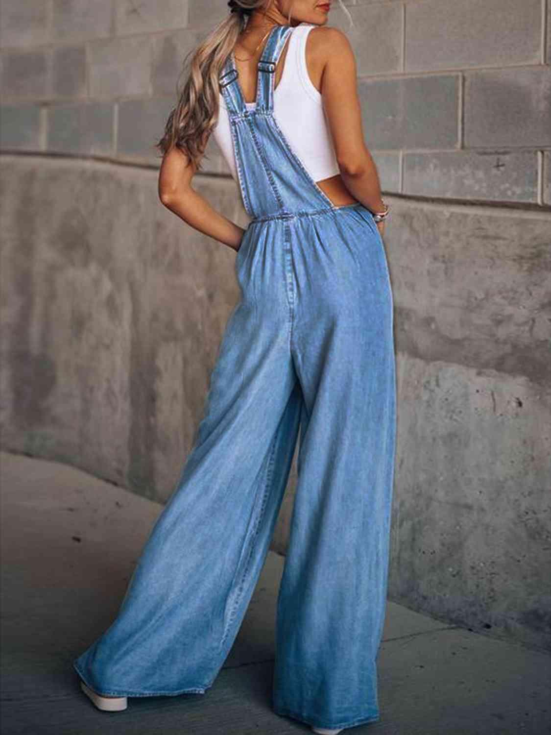 Wide Leg Denim Overalls Jumpsuits and Rompers Trendsi