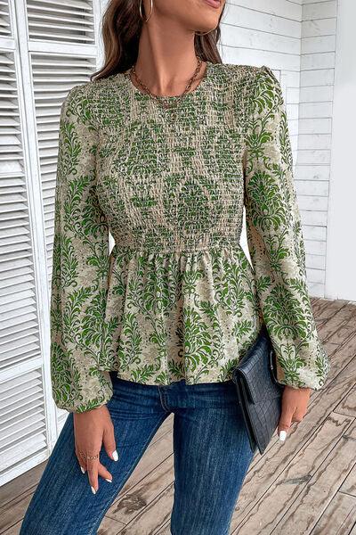 Smocked Printed Balloon Sleeve Blouse Blouses Trendsi Mid Green S