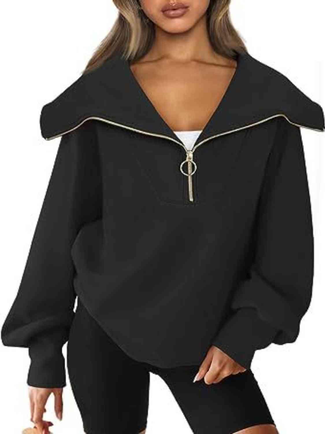 Half-Zip Lantern Sleeve Top Sweatshirts Trendsi Black S