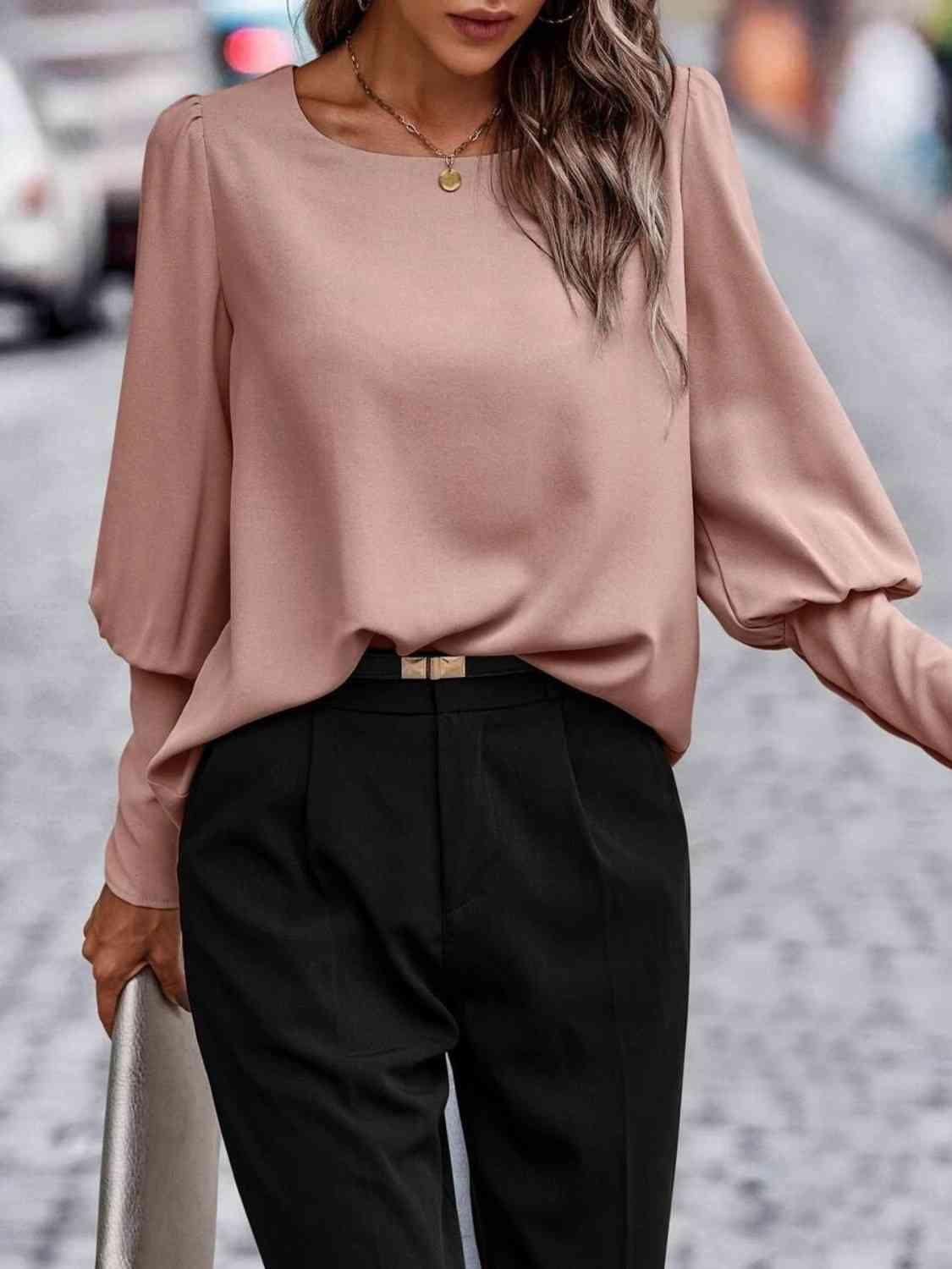 Round Neck Lantern Sleeve Blouse Blouses Trends