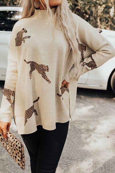 Animal Pattern Mock Neck Long Sleeve Slit Sweater Sweaters Trend Cream S