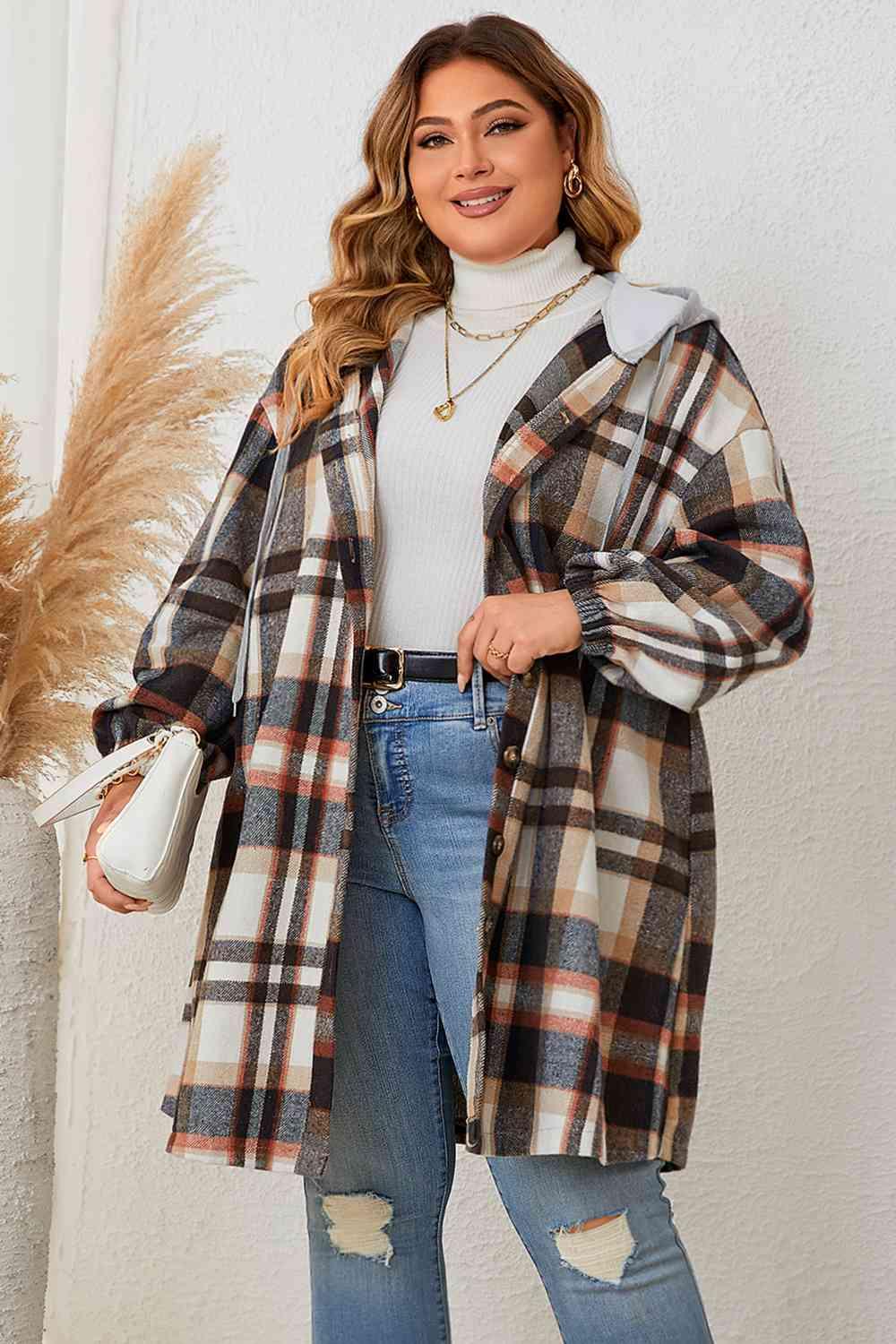 Plus Size Plaid Drop Shoulder Hooded Coat Coats Trendsi