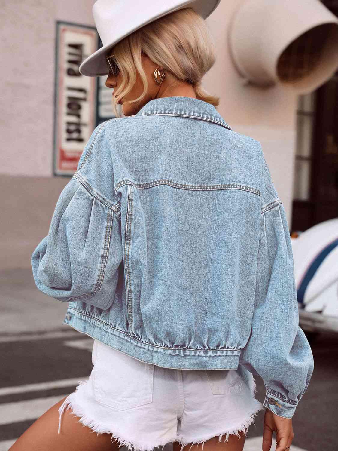 Lantern Sleeve Denim Jacket Jackets Trendsi