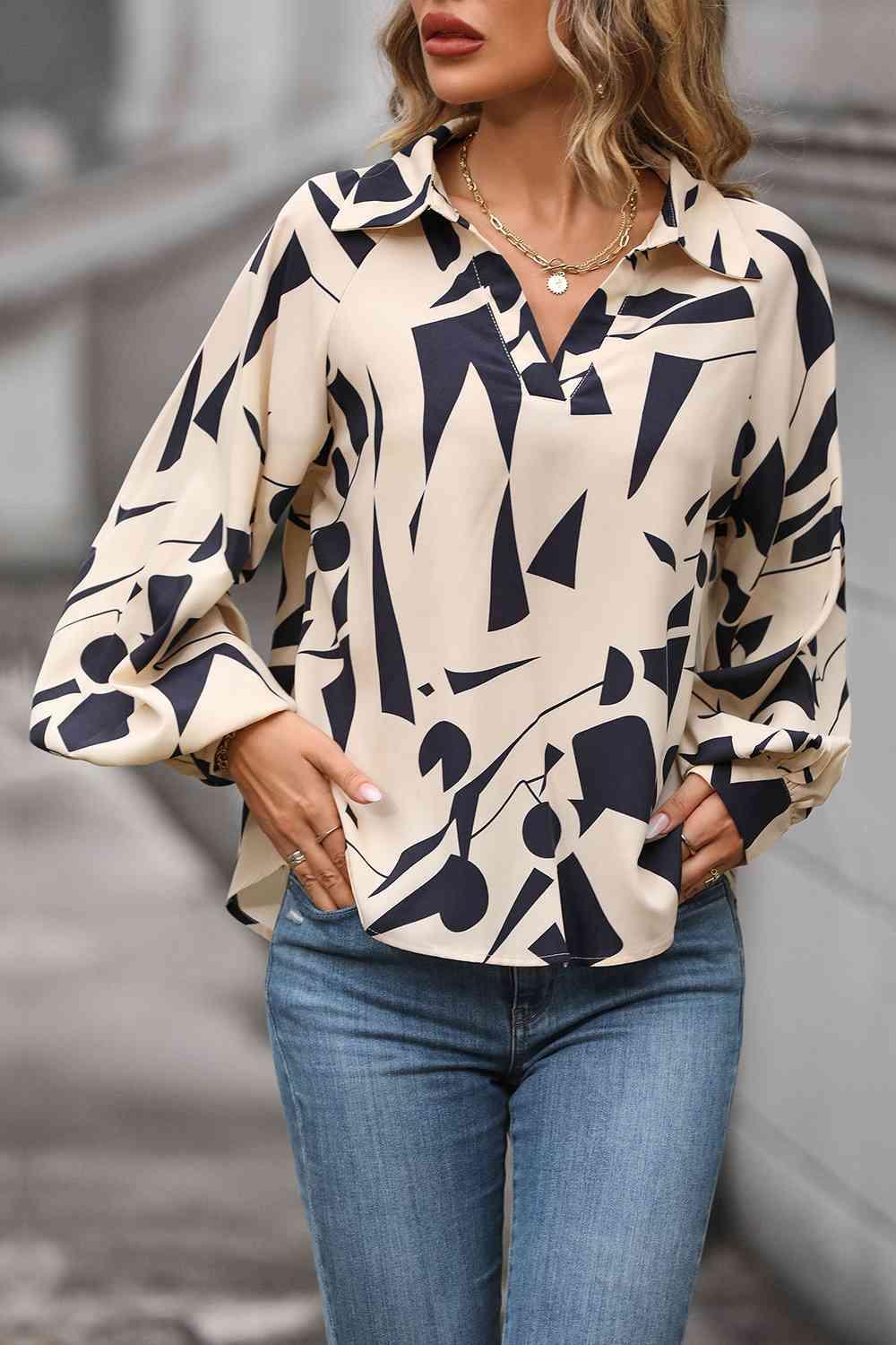 Printed Johnny Collar Blouse Blouses Trendsi