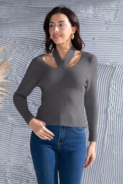 Halter Neck Long Sleeve Sweater Sweaters Trendsi Charcoal S