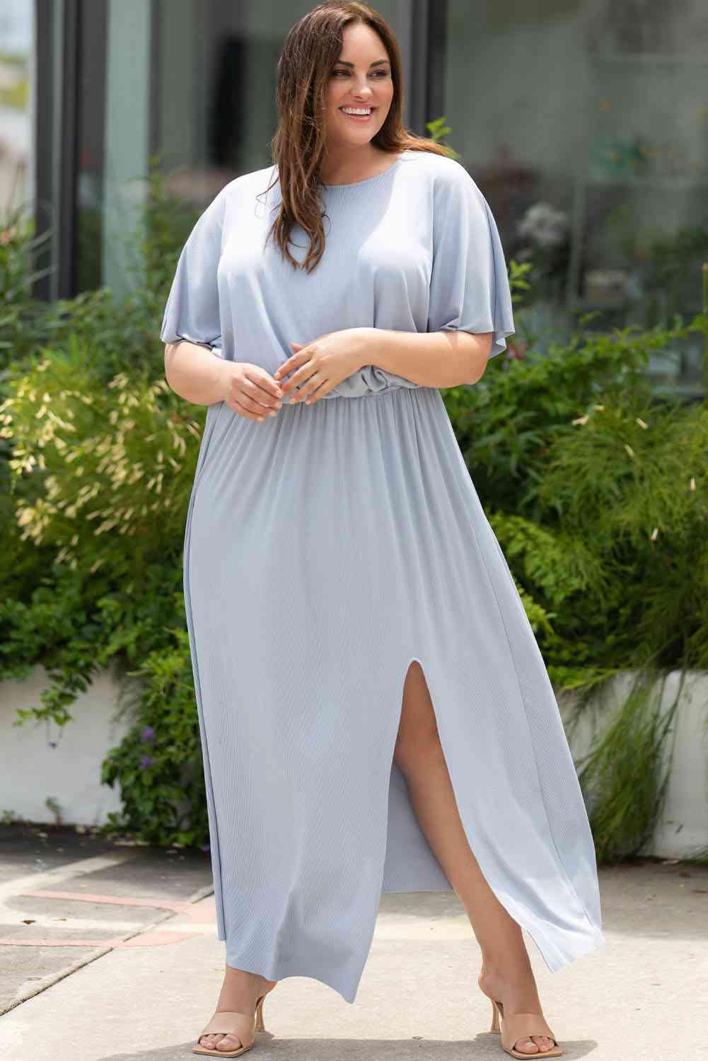 Plus Size Round Neck Split Flutter Sleeve Maxi Dress Dresses Trendsi Pastel Blue 1X