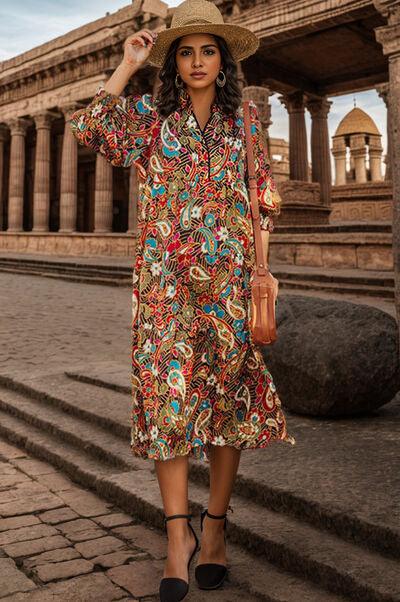 Printed Surplice Lantern Sleeve Midi Dress Dresses Trendsi Multicolor S
