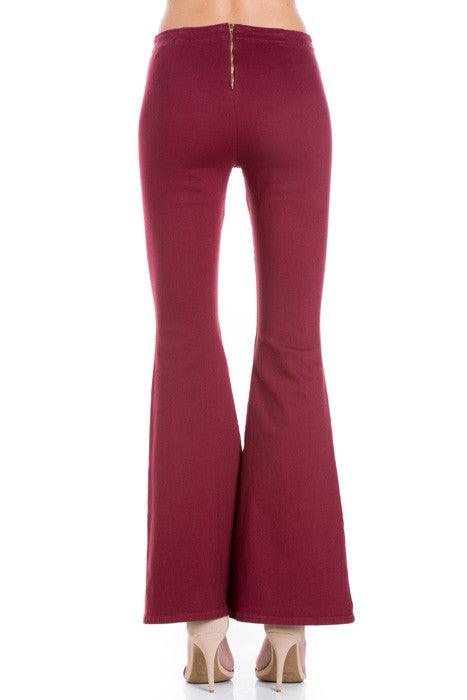 Zipper Back Denim Flare Pants Pants O2 Denim Wine 24