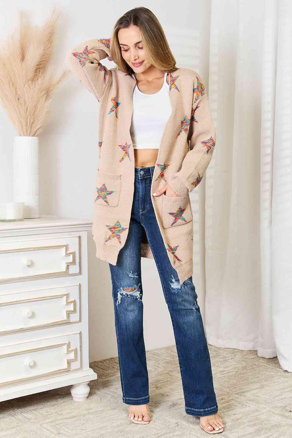 Star Pattern Open Front Longline Cardigan Cardigans Trend