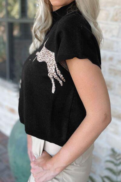 Animal Graphic Mock Neck Cap Sleeve Sweater Sweaters Trends