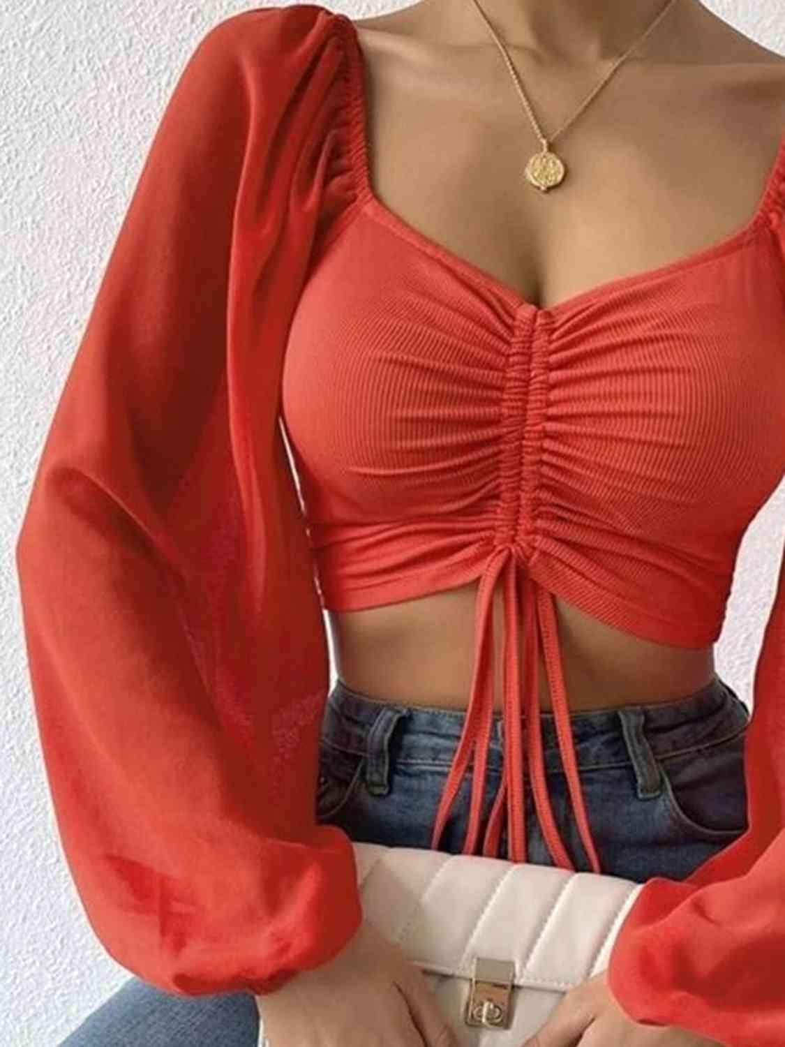 Drawstring Sweetheart Neck Crop Top Blouses Trendsi