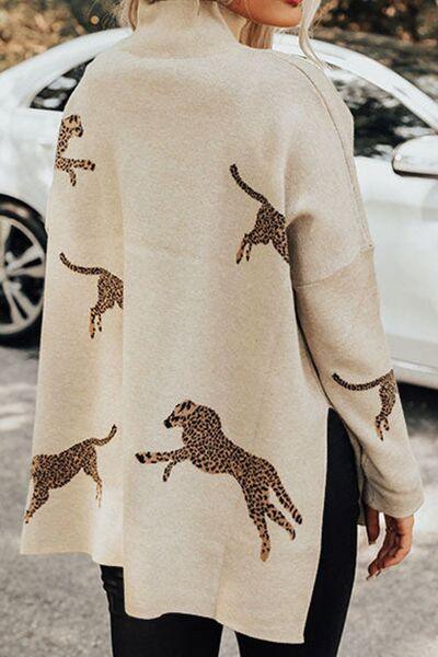 Animal Pattern Mock Neck Long Sleeve Slit Sweater Sweaters Trend
