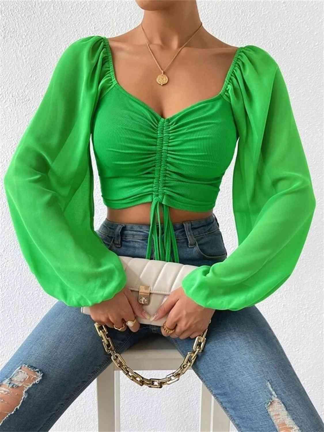 Drawstring Sweetheart Neck Crop Top Blouses Trendsi Mid Green S