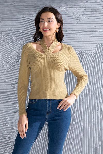 Halter Neck Long Sleeve Sweater Sweaters Trendsi Camel S