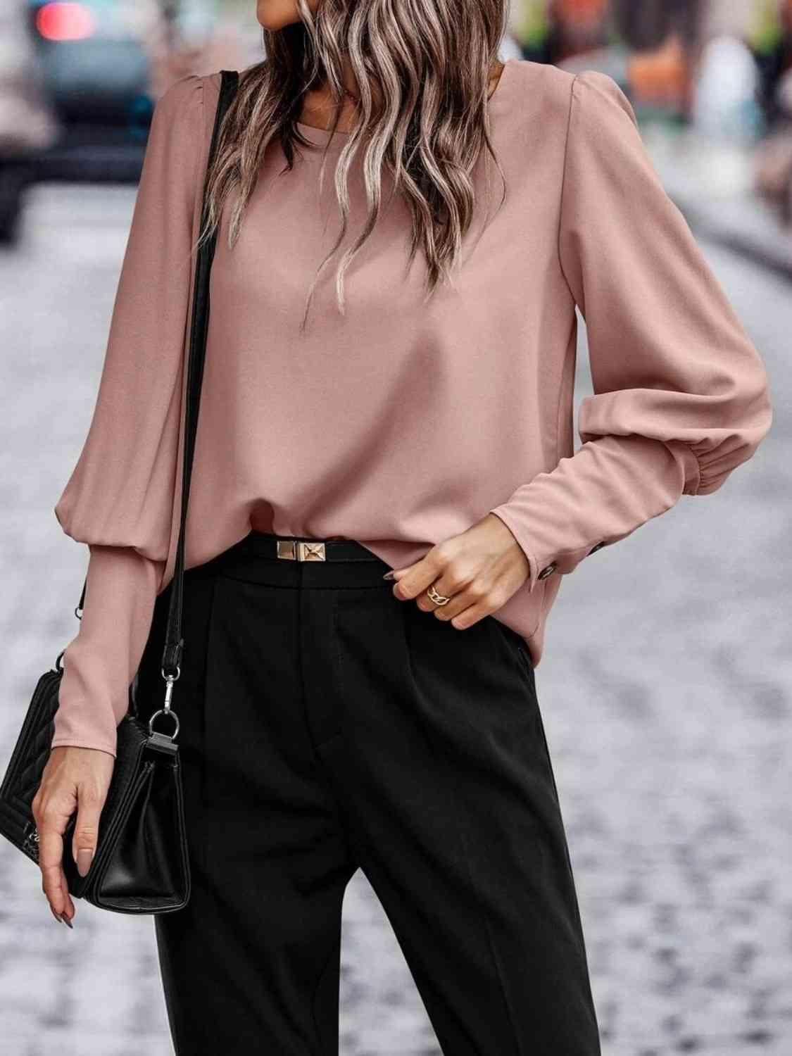 Round Neck Lantern Sleeve Blouse Blouses Trends Dusty Pink S