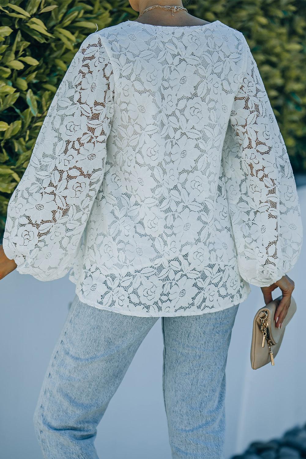 Lace Balloon Sleeve V-Neck Blouse Blouses White