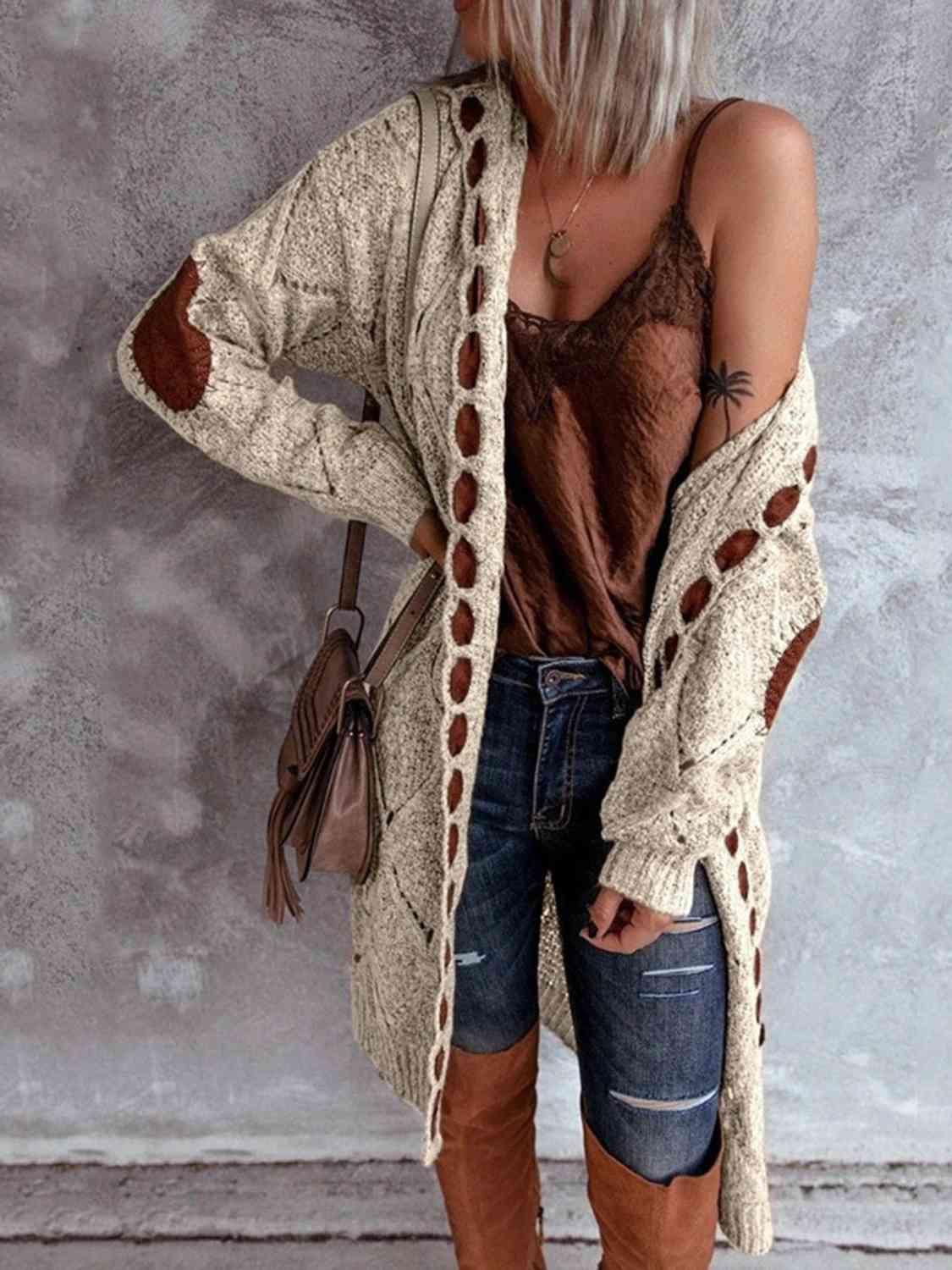 Openwork Long Sleeve Open Front Hooded Cardigan Cardigans Trendsi
