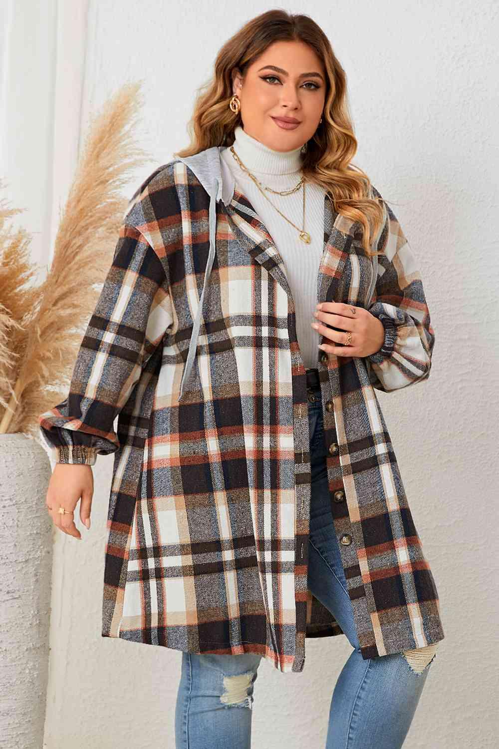 Plus Size Plaid Drop Shoulder Hooded Coat Coats Trendsi