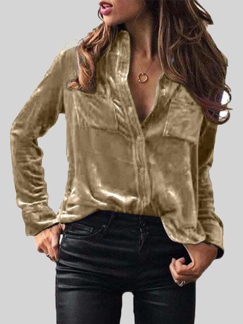 Button Up Collared Shirt with Breast Pockets Blouses Trend